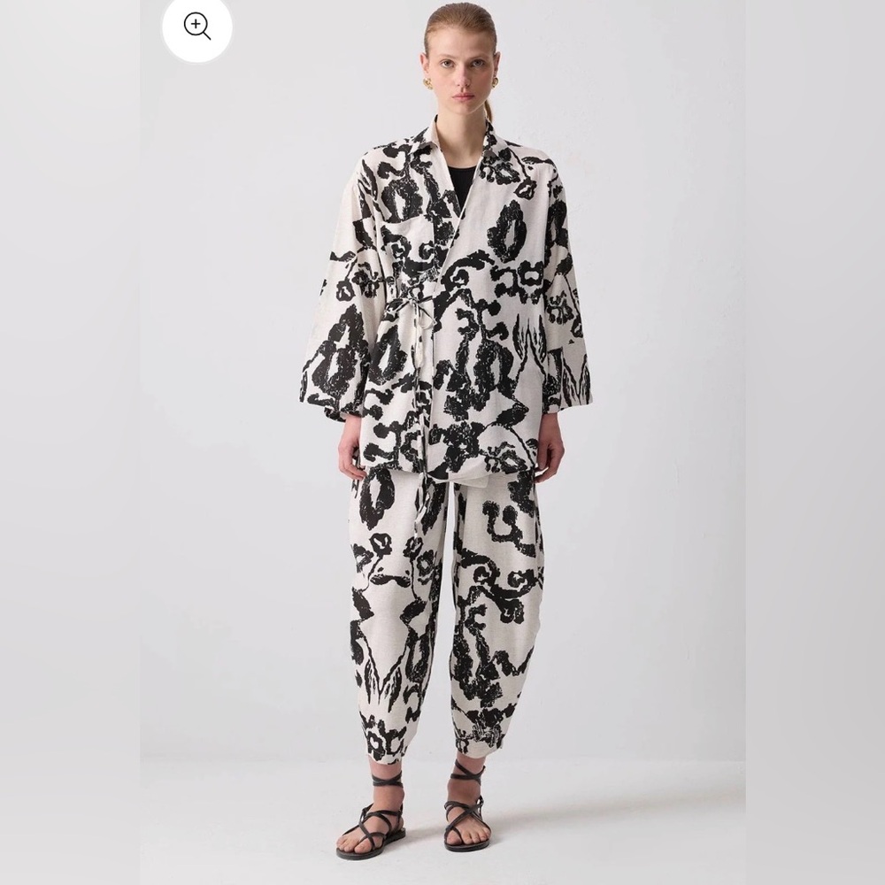 LINEN TEXTURED PATTERNED KIMONO PANTS SET